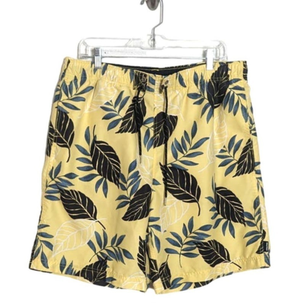 Nautica Mens Large Yellow Palm Print Pool Shorts Swim Trunks Drawstring Large